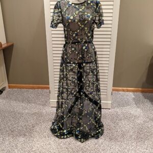 LuLaRoe Black Sheer Maxi Dress with Blue and Yellow Floral Design